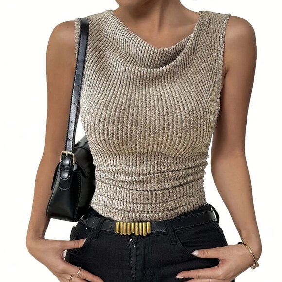 Beige Cowl Neck Sleeveless Ribbed Top - Picture 1 of 8